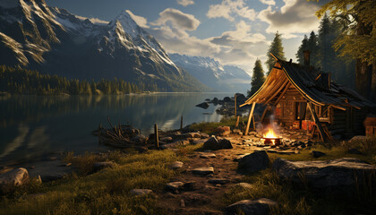 Fototapeta premium Tranquil scene mountain range, forest, water, autumn, tree, beauty generated by AI