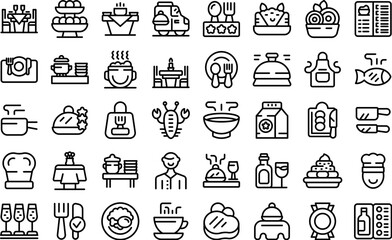 Catering business icons set outline vector. Buffet party. Food serving event