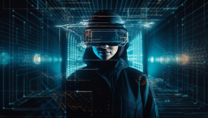 Futuristic businessman in protective eyewear standing in glowing virtual reality generated by AI