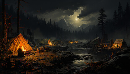 Night fire in the forest, camping under the flame lit tent generated by AI