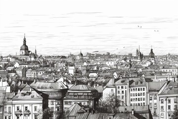 Hand-drawn black ink panoramic drawing of Warsaw city on white background. Generative AI