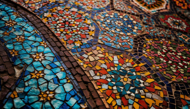 Ornate stained glass window showcases vibrant mosaic pattern and design generated by AI