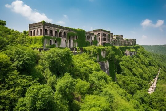 Majestic fortress hidden amidst lush greenery. Generative AI