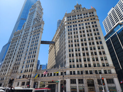 Chicago, USA - April 27, 2023: Wrigley Building architecture in business center of chicago
