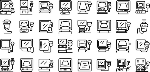Ultrasound machine icons set outline vector. Probe transducer. Medical doctor equipment