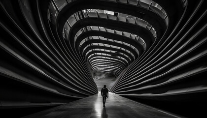 Fototapeta premium One person walking through a futuristic, black and white subway station generated by AI