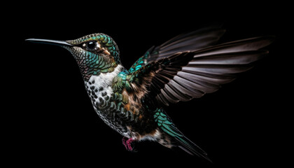 Obraz premium Hummingbird hovering mid air, iridescent feathers spread, beak pollinating flower generated by AI