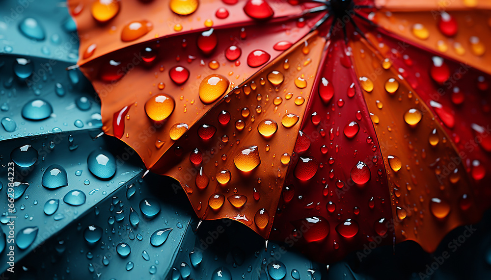 Poster raindrops on a wet leaf create a vibrant, shiny pattern generated by ai