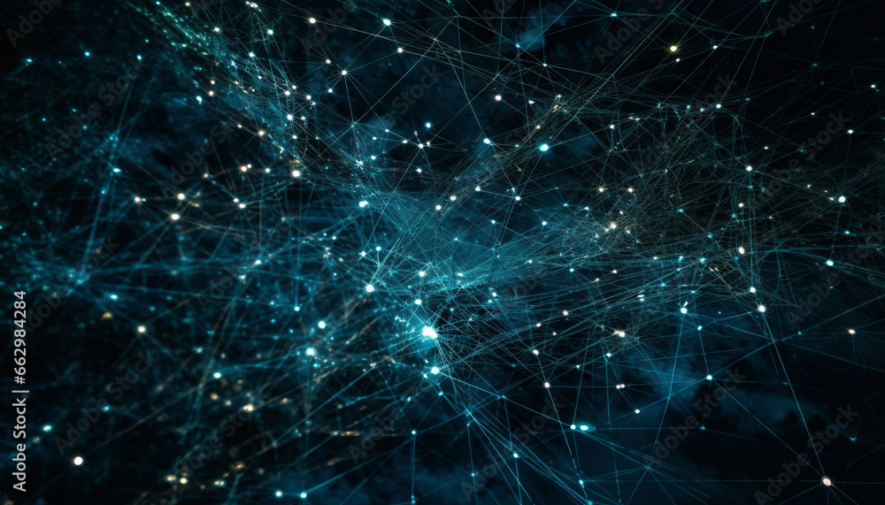 Poster glowing blue backdrop with defocused geometric shapes and fractal patterns generated by ai