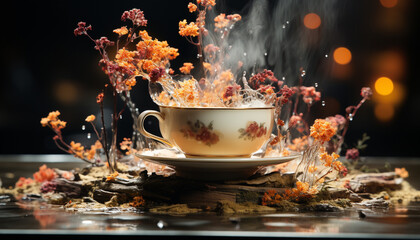 Naklejka na ściany i meble Hot drink, steam, coffee cup, autumn leaf, rustic wood table generated by AI