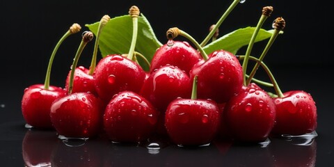Natures Sweet Bounty: A Close-Up of Dewy, Red Cherries Bursting with Fresh Vitamins, Exemplifying the Natural Sweetness and Nutrient-Rich Delight of Fresh Fruits