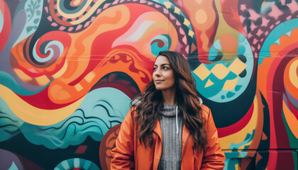 One young adult woman smiling outdoors, looking at camera with elegance generated by AI