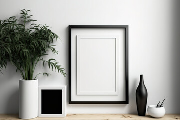 Blank picture frame mockup on white wall. Poster-templated rustic modern decor. Decor art. Generative AI