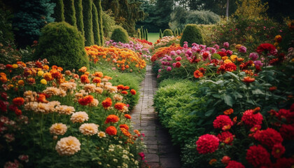 Vibrant tulip blossom in tranquil formal garden, surrounded by greenery generated by AI