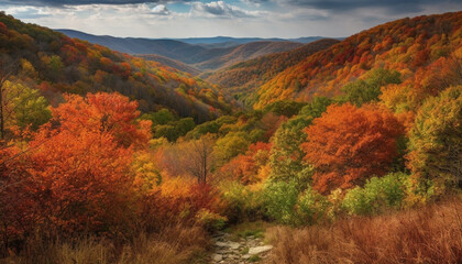 Tranquil autumn landscape vibrant colors, mountain peak, wilderness adventure generated by AI