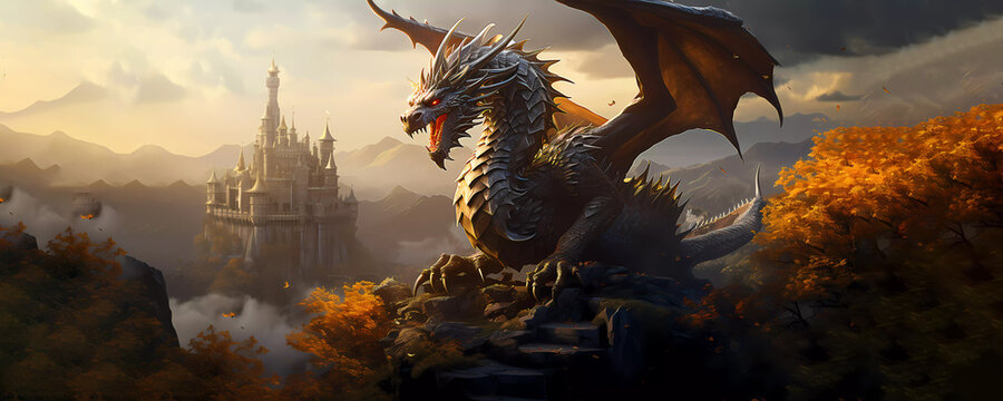 Dragon against the background of the castle. Dragon against the background of an autumn landscape. Banner. Wallpaper. Copy space. Generated AI. Edited in Photoshop.