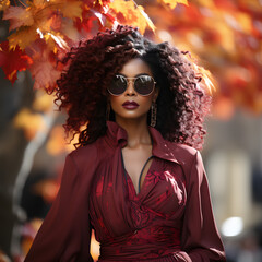Happy beautiful african girl with afro hairstyle posing in a feminine beautiful dress on beige red autumn in the park