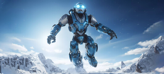Fototapeta premium The robot is transformable in the snowy mountains. Banner. Copy space. Generated AI. Edited in Photoshop.
