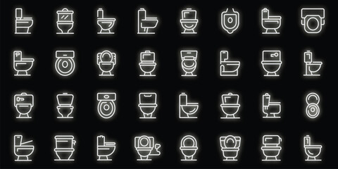 Toilet bowl icons set outline vector. Wc clean. Lid ceramic neon color on black