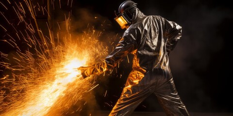 Forging Excellence: A Steel Worker in Protective Clothing Masters the Fiery Art of Melting Iron and Precious Metals, Crafting Rare Alloys and Forging a Symphony of Sparks and Heat