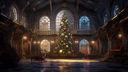 The house is decorated for Christmas. Big windows. Christmas. Christmas tree. Gold. Banner. Wallpaper. Copy space. Generated AI. Edited in Photoshop.