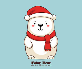Celebrate Happy winter holiday with cute polar bear in Santa hat, Vector Christmas cartoon character