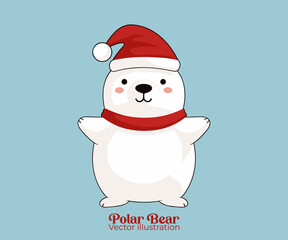 Vector of a cute polar bear with Santa hat, a Christmas cartoon character for Happy winter holiday
