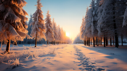 Majestic Snow-Covered Forest, A Winter Wonderland Adorned in Gold,
