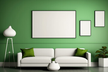 Interior of living room with white leather couch, carpet, floor lamp, and coffee table on hardwood flooring. Blank horizontal poster on green wall. illustration. Generative AI