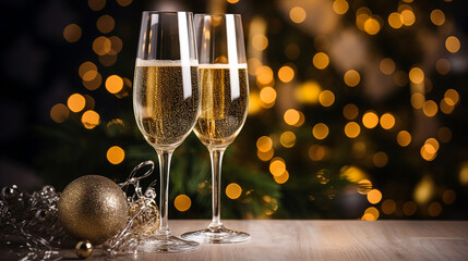 Glasses of champagne against the backdrop of a Christmas tree, New Year, New Year party, champagne