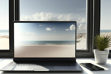 Fototapeta premium A close-up of a blank laptop screen in a room with a view of the ocean. a mockup. Generative AI