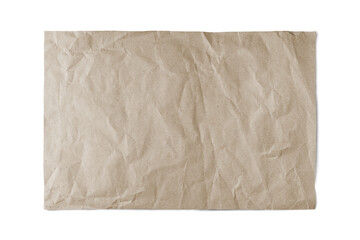 Brown crumpled rectangle sheet of paper with smooth edge isolated on white, transparent background, PNG. Recycled craft paper wrinkled, creased texture. Template, mockup with copy space for text.