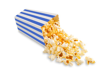 Tasty cheese popcorn falling out of blue striped carton bucket, isolated on white, transparent...