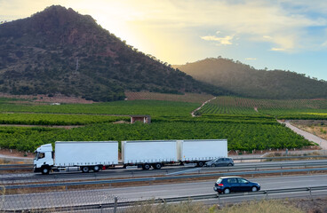 Freight shipping by truck. Semi truck with Semi-trailer driving along highway. Goods Delivery by...