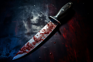 Scary conceptual image of a bloody knife on the table. The concept of committed murder, crime	 © Uliana