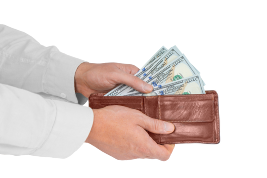 Man counting money. Allocation of money, economy concept, US dollar falling or rising. Man hands with dollar cash isolated on white, transparent background, PNG. Finance, bank, currency..