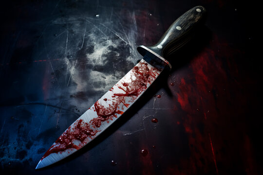 Scary conceptual image of a bloody knife on the table. The concept of committed murder, crime	