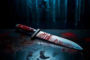 Scary conceptual image of a bloody knife on the table. The concept of committed murder, crime	 - obrazy, fototapety, plakaty