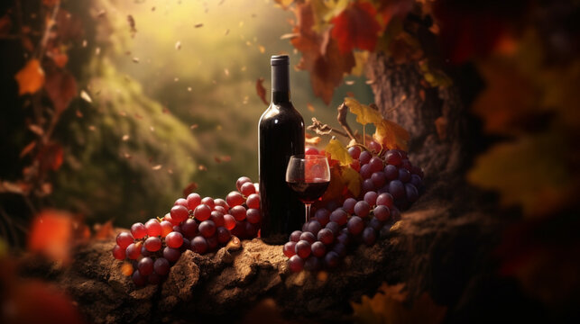 Verre de vin rouge, sur fond de paysage. Verre d'alcool, ambiance festive, repas. Pour conception et création graphique.