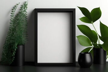 Black photo frame on greenery shelf. blank mockup template Signage. Generative AI