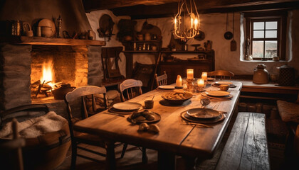 Rustic elegance: Comfortable dining room with old fashioned decor and natural flame generated by AI