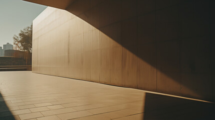 Obraz premium Huge empty brown wall without people. Business atmosphere and clean street at golden hour with shadow and sunlight.