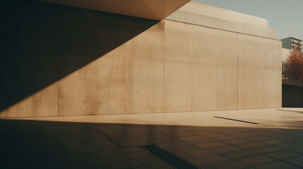 Huge empty brown wall without people. Business atmosphere and clean street at golden hour with shadow and sunlight.