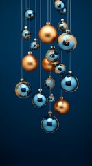 christmas baubles hanging on blue background