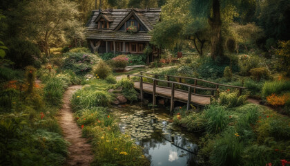 Tranquil scene of a mountain cottage near a reflection pond generated by AI