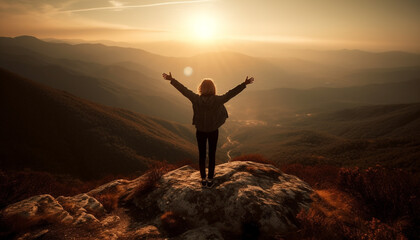 One young woman standing on mountain peak, arms outstretched, cheering generated by AI
