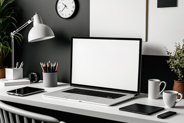 A close-up of a stylish desk with a mock-up laptop with a blank screen and office supplies. Generative AI