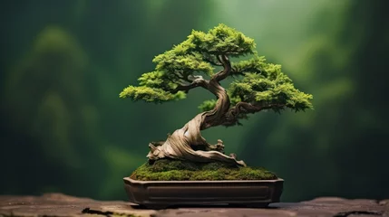 Deurstickers A stunning, award-winning bonsai plant with robust and graceful branch contours, vibrant green leaves, and a gorgeously blurred background scenery. © Matthew