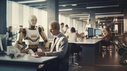 a robot and a man in a suit are sitting at a table - obrazy, fototapety, plakaty