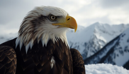 Obraz premium Majestic bald eagle perching on tree, looking at camera generated by AI